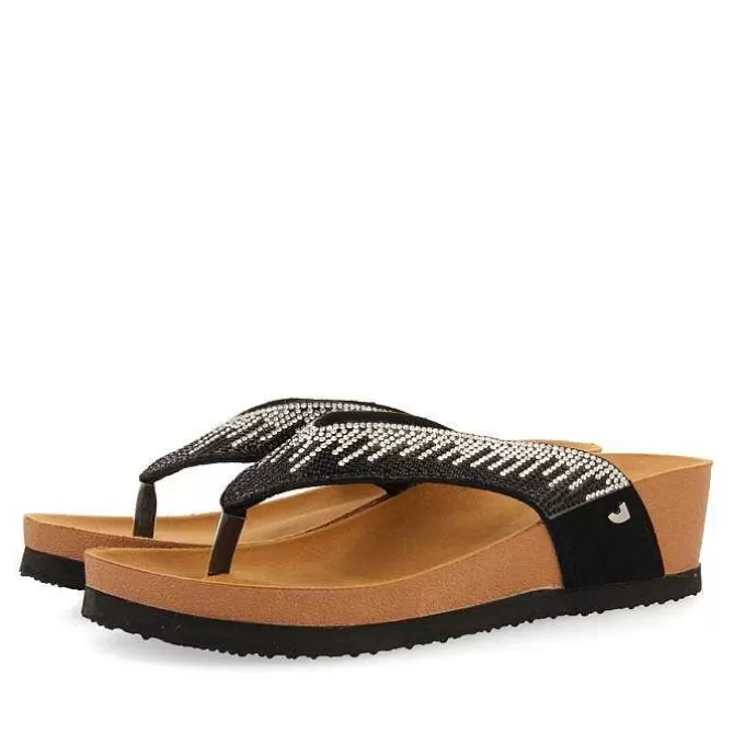 Chancletas<Gioseppo Sandalias De Cuña Con Tira De Pedrerias Negras Para Mujer Isnello