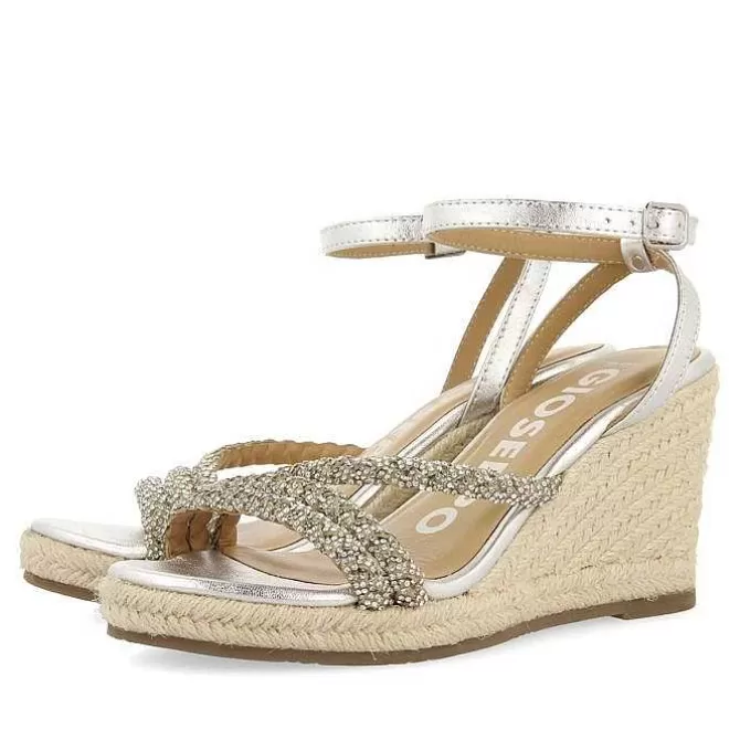 Sandalias Cuña<Gioseppo Sandalias De Piel Con Tirantes Plata Con Joyeria Y Cuña Alta De Yute Para Mujer Menfi