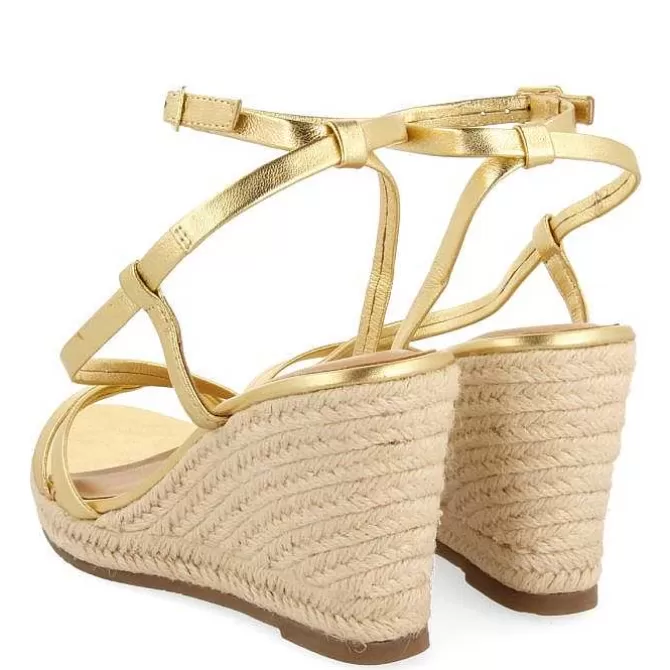 Sandalias Cuña<Gioseppo Sandalias De Piel Dorada Con Tiras Y Cuña Alta De Yute Para Mujer Orikum