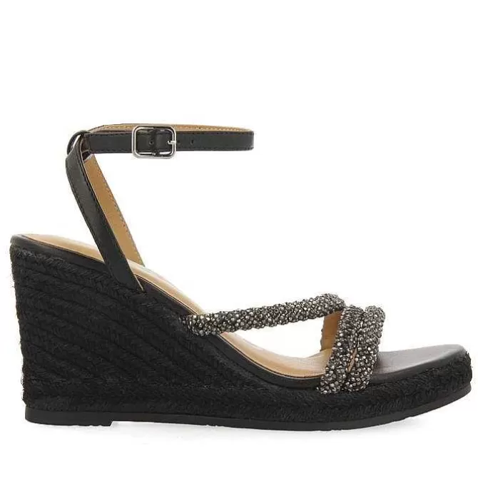 Sandalias Cuña<Gioseppo Sandalias De Piel Negra Con Tiras Con Adornos Y Cuña Alta De Yute Para Mujer Menfi