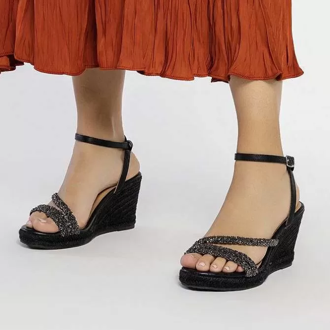 Sandalias Cuña<Gioseppo Sandalias De Piel Negra Con Tiras Con Adornos Y Cuña Alta De Yute Para Mujer Menfi