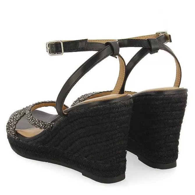 Sandalias Cuña<Gioseppo Sandalias De Piel Negra Con Tiras Con Adornos Y Cuña Alta De Yute Para Mujer Menfi