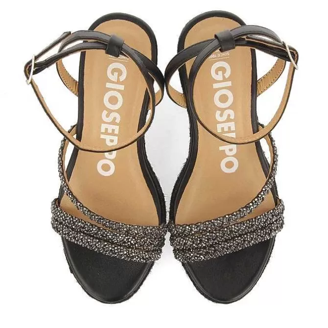 Sandalias Cuña<Gioseppo Sandalias De Piel Negra Con Tiras Con Adornos Y Cuña Alta De Yute Para Mujer Menfi