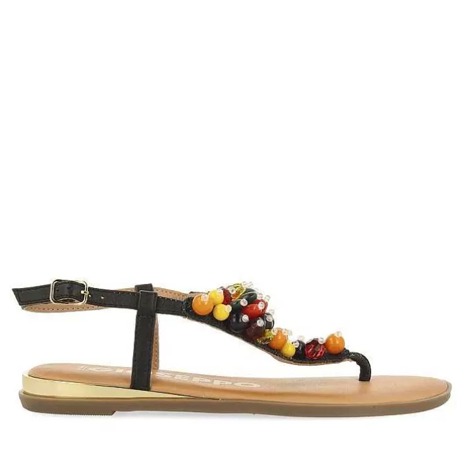 Sandalias Planas<Gioseppo Sandalias De Piel Negras Con Adornos Multicolor Para Mujer Leucate