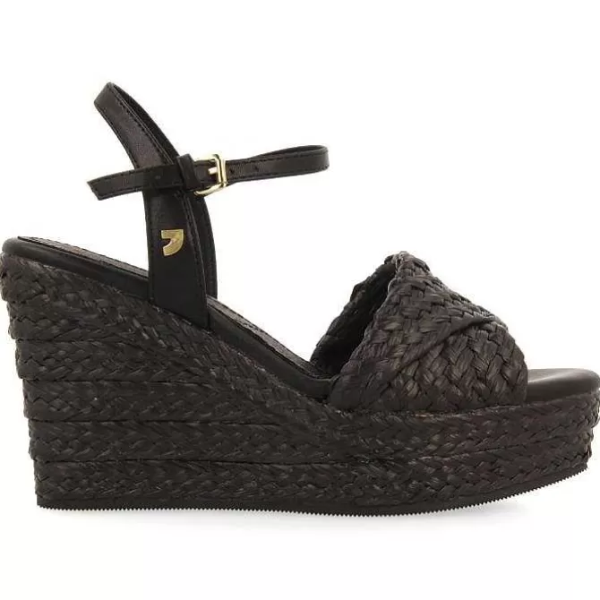 Sandalias Cuña<Gioseppo Sandalias De Rafia Negras Con Cuña Y Plataforma Mujer Allkaj