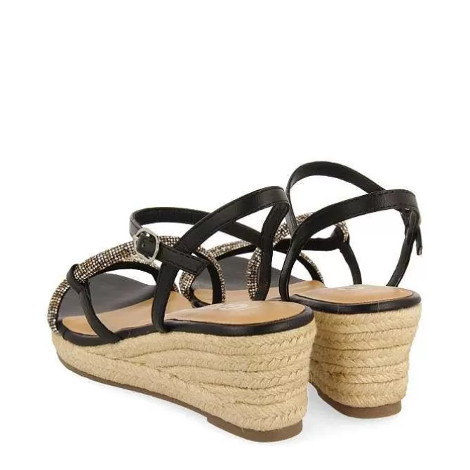 Sandalias Cuña<Gioseppo Sandalias Negras Con Tiras De Cristal Multicolor Y Cuña De Yute Para Mujer Catania